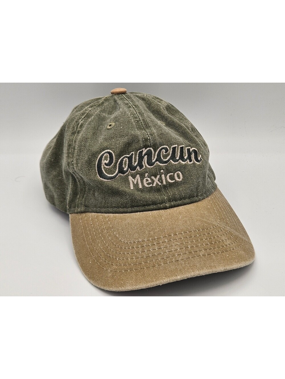 Distressed Wash Cancun Mexico Green Tan Baseball Hat
